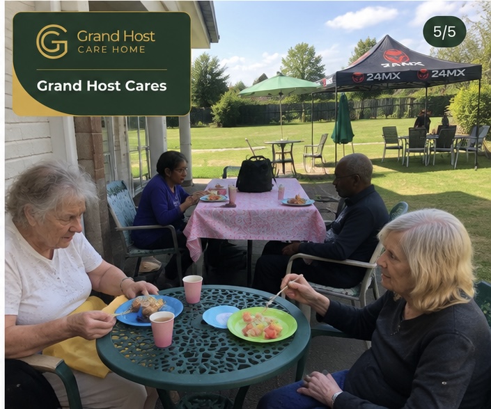 Residents dining outside in the garden
